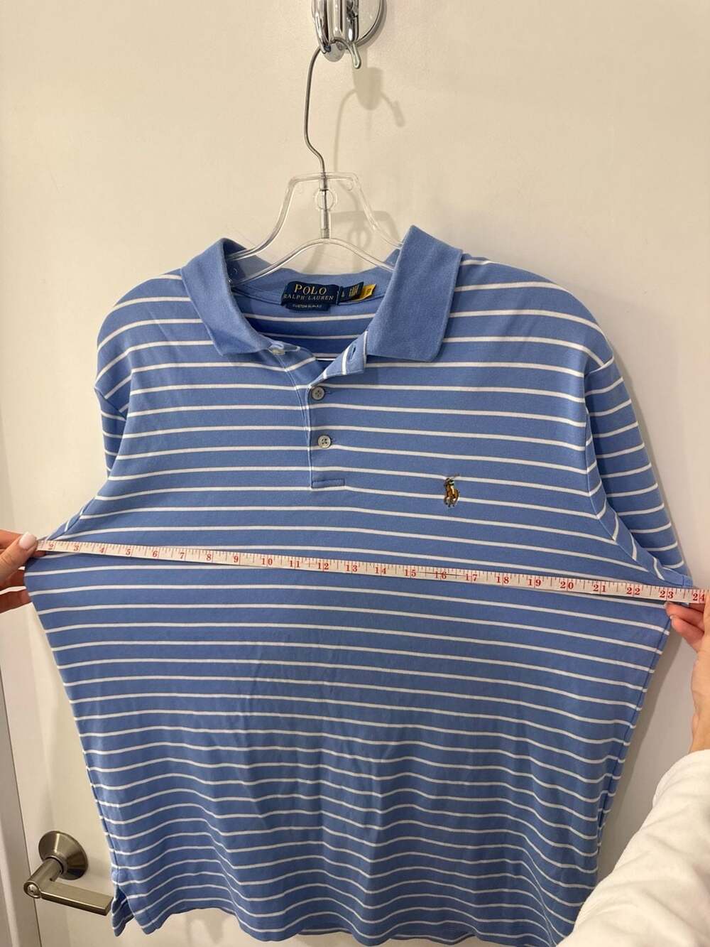 Polo Ralph Lauren Men's Custom Slim Fit Blue and White Striped Polo Shirt - Picture 6 of 7